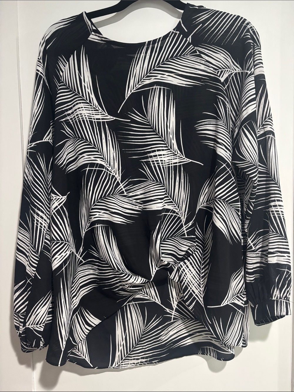 Karen Kane Black Blouse with White Palm Leaf Print